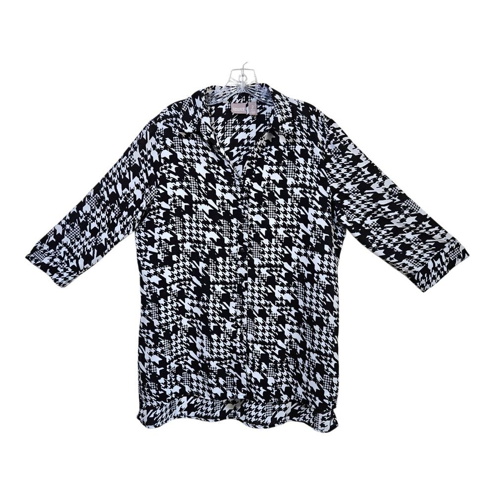 CHICO'S 2 Women 12 14 Tunic Blouse Houndstooth Black White Button Up 3/4 Slv 44"